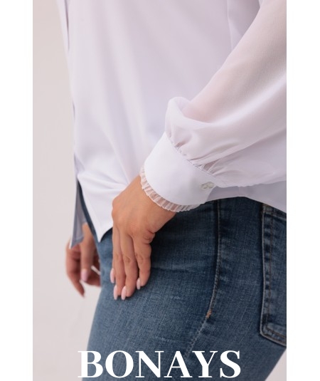 ARLETA - Elegancka koszula z tiulem i koronką biała