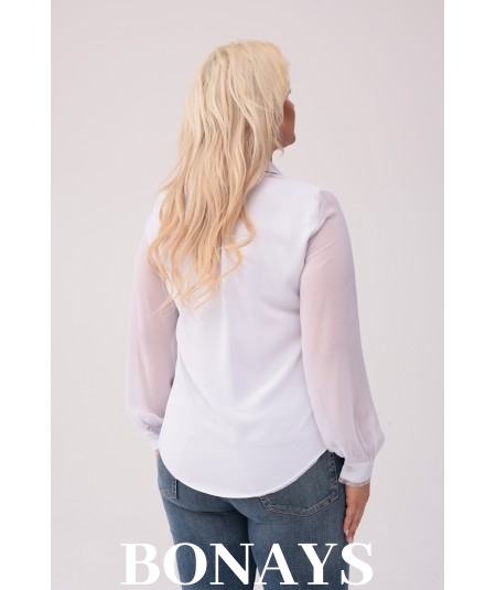 ARLETA - Elegancka koszula z tiulem i koronką biała