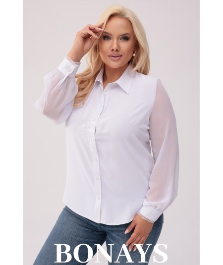 ARLETA - Elegancka koszula z tiulem i koronką biała