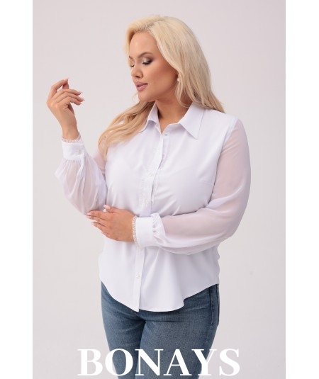 ARLETA - Elegancka koszula z tiulem i koronką biała