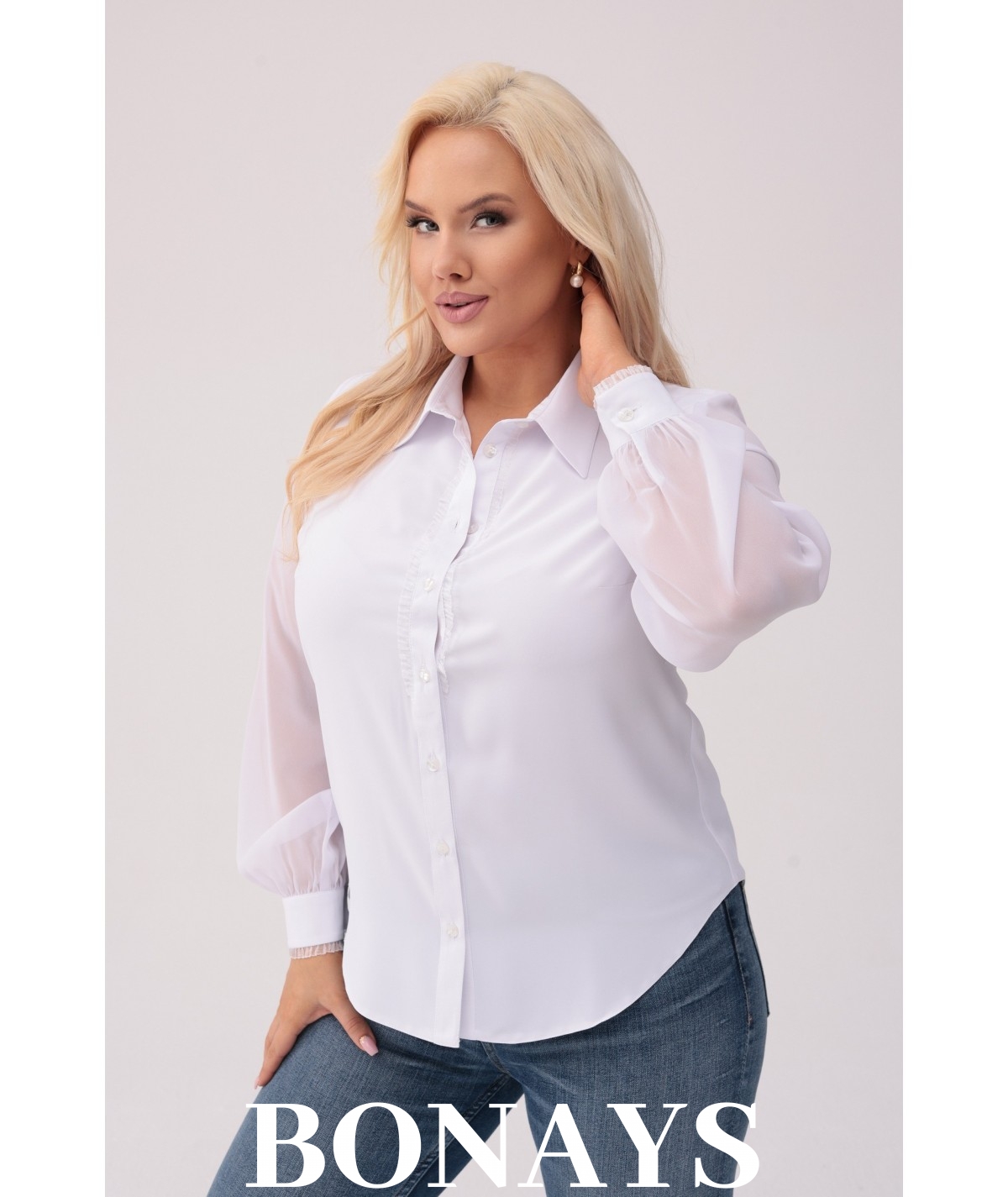 ARLETA - Elegancka koszula z tiulem i koronką biała