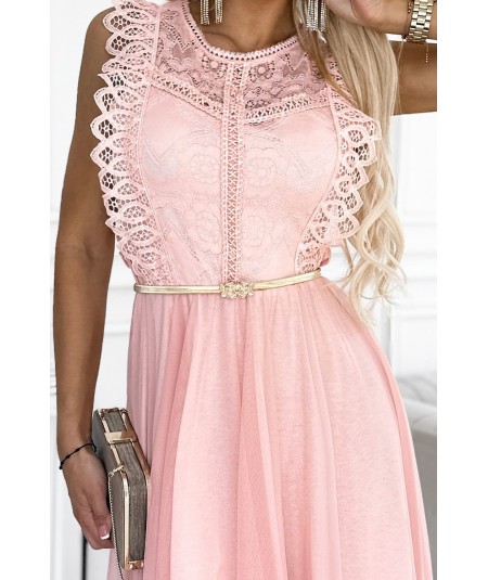 Brzoskwiniowa krótka sukienka z koronką i tiulową podszewką Greta