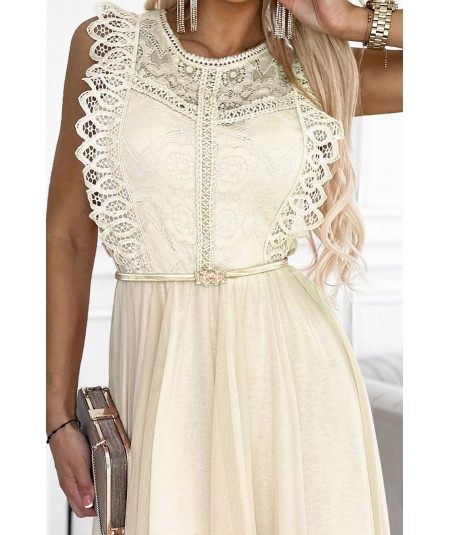 Beżowa krótka sukienka z koronką i tiulową podszewką Greta