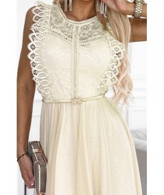 Beżowa krótka sukienka z koronką i tiulową podszewką Greta