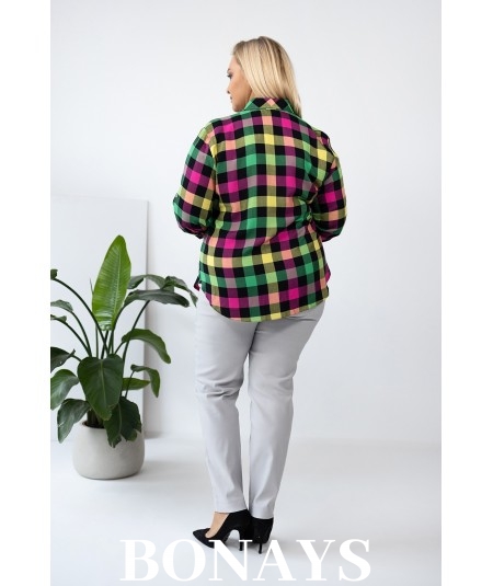 Koszula w kolorową kratę rękaw 3/4 i zapinanie na guziki Plus Size