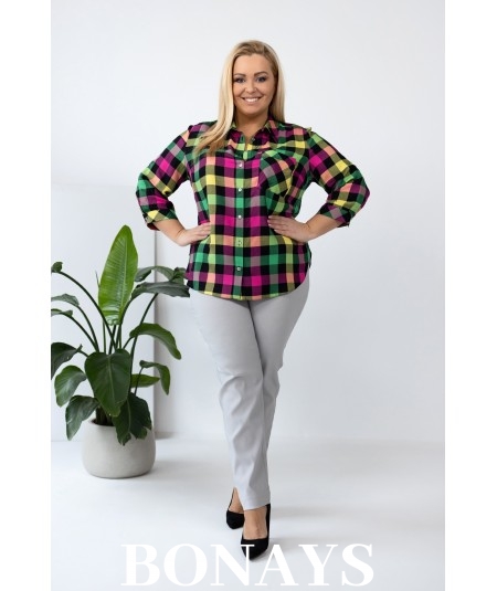 Koszula w kolorową kratę rękaw 3/4 i zapinanie na guziki Plus Size
