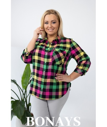 Koszula w kolorową kratę rękaw 3/4 i zapinanie na guziki Plus Size