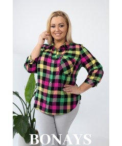 Koszula w kolorową kratę rękaw 3/4 i zapinanie na guziki Plus Size
