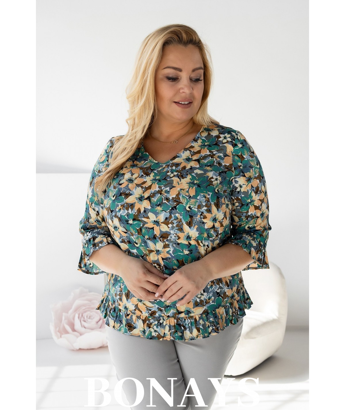 Viola – bluzka z falbanką z naturalnej wiskozy delikatne żonkile