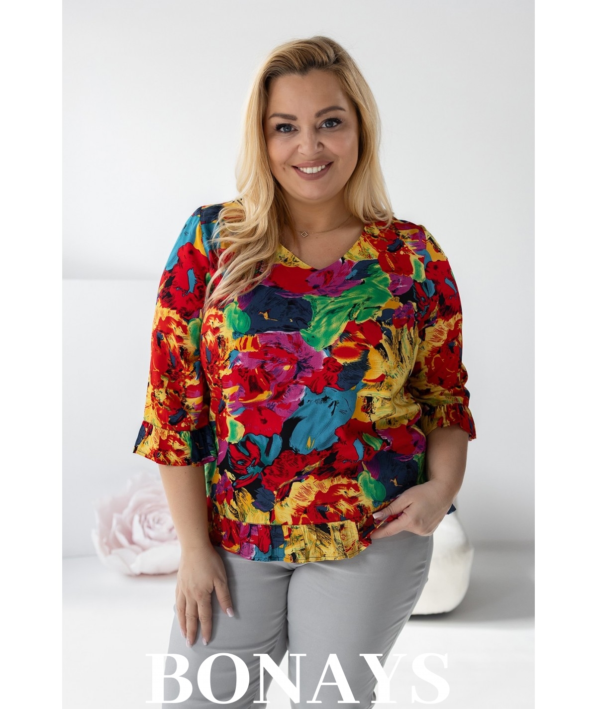 Viola – bluzka z falbanką z naturalnej wiskozy kwiaty maki