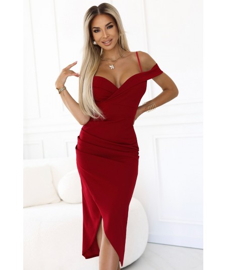 Bordowa Sukienka midi z odkrytymi ramionami i dekoltem serce Callie