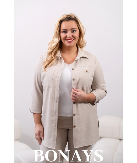 beżowa lniana koszula damska Bonays.pl  wersja Plus Size