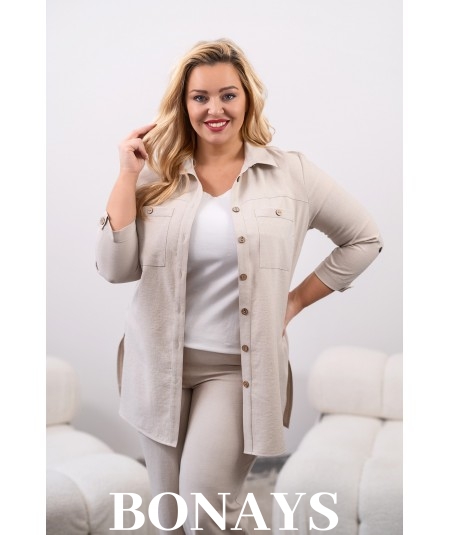 beżowa lniana koszula damska Bonays.pl  wersja Plus Size