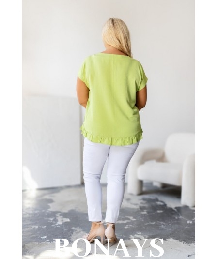 Aniela - Bluzka kimono plus size z falbanką i dekoltem łezką kolor limonkowy