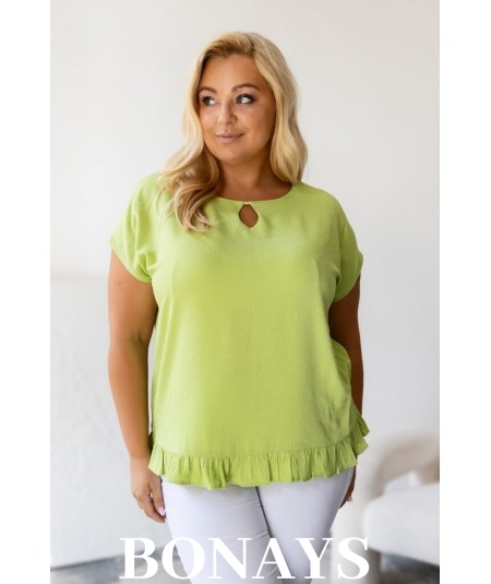 Aniela - Bluzka kimono plus size z falbanką i dekoltem łezką kolor limonkowy