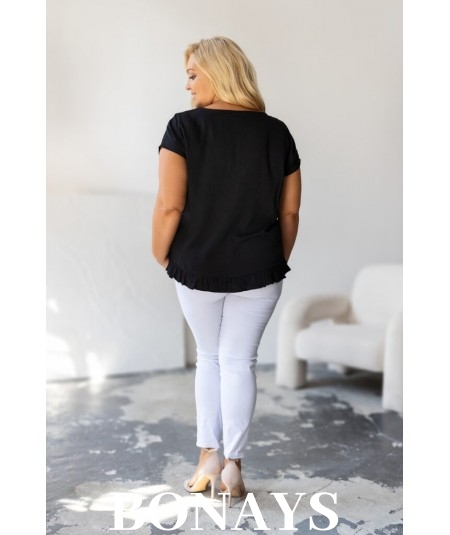 Aniela - Bluzka kimono plus size z falbanką i dekoltem łezką kolor czarny