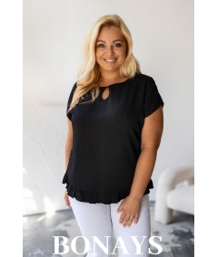 Aniela - Bluzka kimono plus size z falbanką i dekoltem łezką kolor czarny