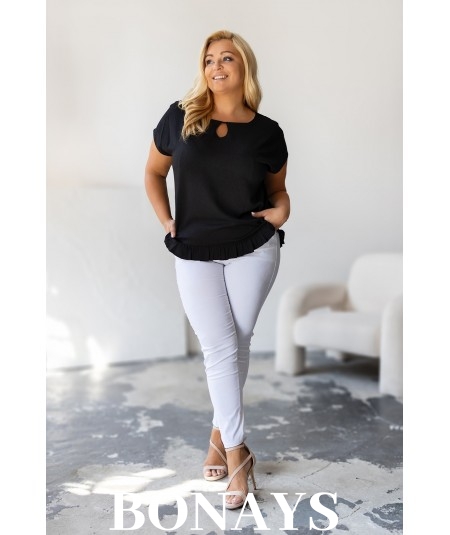 Aniela - Bluzka kimono plus size z falbanką i dekoltem łezką kolor czarny