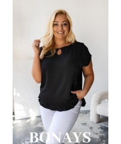 Aniela - Bluzka kimono plus size z falbanką i dekoltem łezką kolor czarny