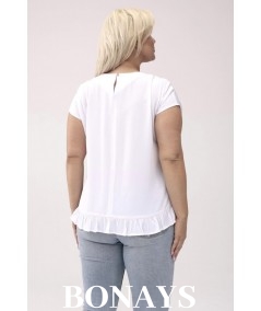 Aniela - Bluzka kimono plus size z falbanką i dekoltem łezką kolor biały
