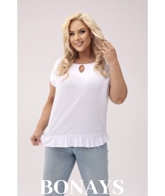 Aniela - Bluzka kimono plus size z falbanką i dekoltem łezką kolor biały