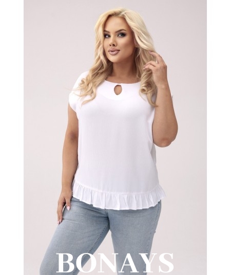 Aniela - Bluzka kimono plus size z falbanką i dekoltem łezką kolor biały