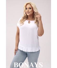 Aniela - Bluzka kimono plus size z falbanką i dekoltem łezką kolor biały