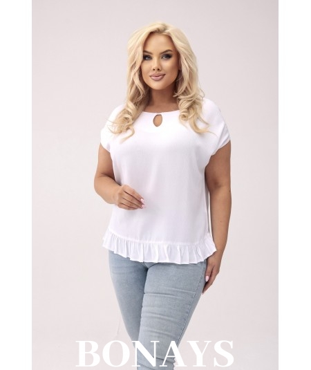 Aniela - Bluzka kimono plus size z falbanką i dekoltem łezką kolor biały
