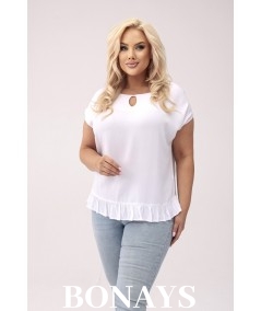 Aniela - Bluzka kimono plus size z falbanką i dekoltem łezką kolor biały