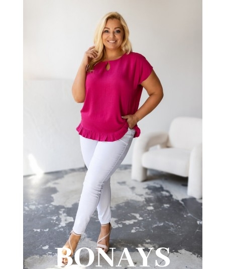 Aniela - Bluzka kimono plus size z falbanką i dekoltem łezką kolor fuksja