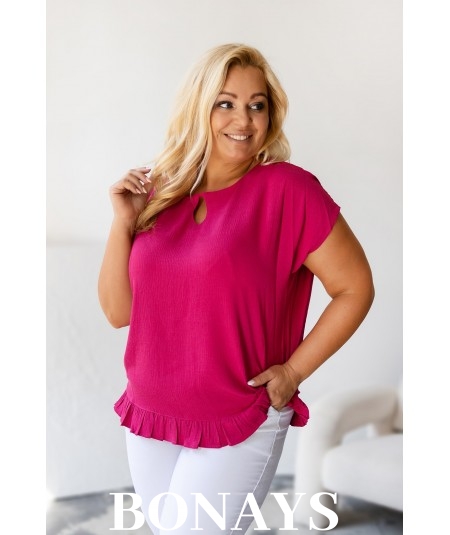 Aniela - Bluzka kimono plus size z falbanką i dekoltem łezką kolor fuksja