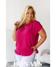 Aniela - Bluzka kimono plus size z falbanką i dekoltem łezką kolor fuksja