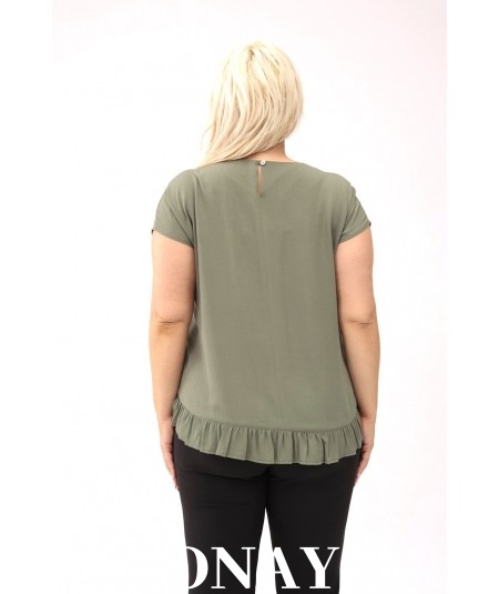 Aniela - Bluzka kimono plus size z falbanką i dekoltem łezką kolor khaki