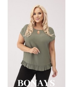 Aniela - Bluzka kimono plus size z falbanką i dekoltem łezką kolor khaki