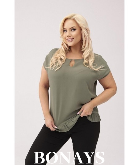 Aniela - Bluzka kimono plus size z falbanką i dekoltem łezką kolor khaki