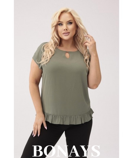 Aniela - Bluzka kimono plus size z falbanką i dekoltem łezką kolor khaki