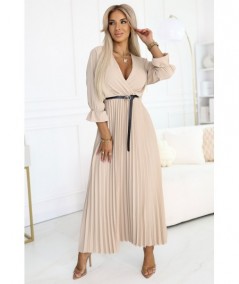 Plisowana sukienka maxi z dekoltem, paskiem i rękawem 3/4 Beżowa Serena
