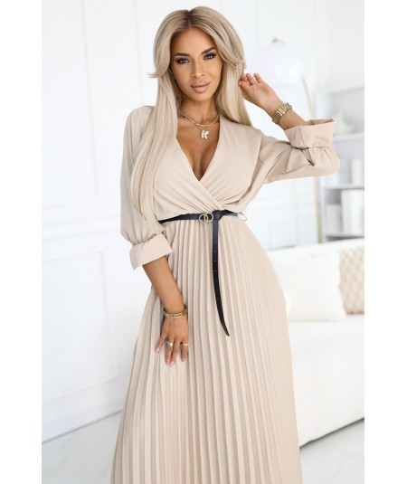 Plisowana sukienka maxi z dekoltem, paskiem i rękawem 3/4 Beżowa Serena