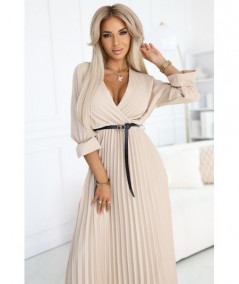 Plisowana sukienka maxi z dekoltem, paskiem i rękawem 3/4 Beżowa Serena
