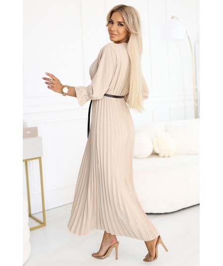 Plisowana sukienka maxi z dekoltem, paskiem i rękawem 3/4 Beżowa Serena