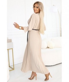 Plisowana sukienka maxi z dekoltem, paskiem i rękawem 3/4 Beżowa Serena