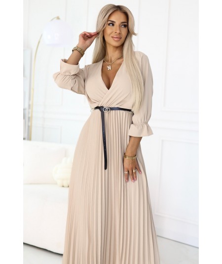 Plisowana sukienka maxi z dekoltem, paskiem i rękawem 3/4 Beżowa Serena