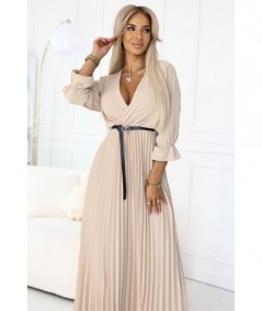 Plisowana sukienka maxi z dekoltem, paskiem i rękawem 3/4 Beżowa Serena