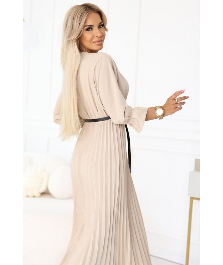 Plisowana sukienka maxi z dekoltem, paskiem i rękawem 3/4 Beżowa Serena