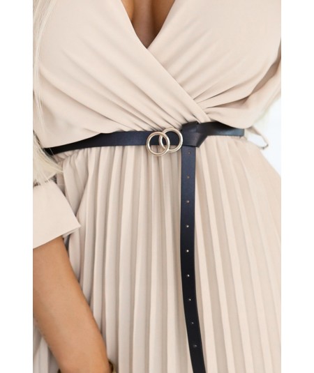 Plisowana sukienka maxi z dekoltem, paskiem i rękawem 3/4 Beżowa Serena