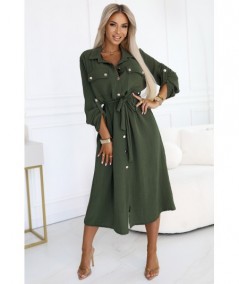 Sukienka typu Szmizjerka midi ze złotymi guzikami i wiązaniem Zielona