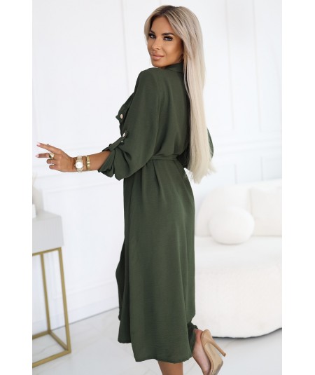 Sukienka typu Szmizjerka midi ze złotymi guzikami i wiązaniem Zielona