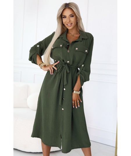 Sukienka typu Szmizjerka midi ze złotymi guzikami i wiązaniem Zielona