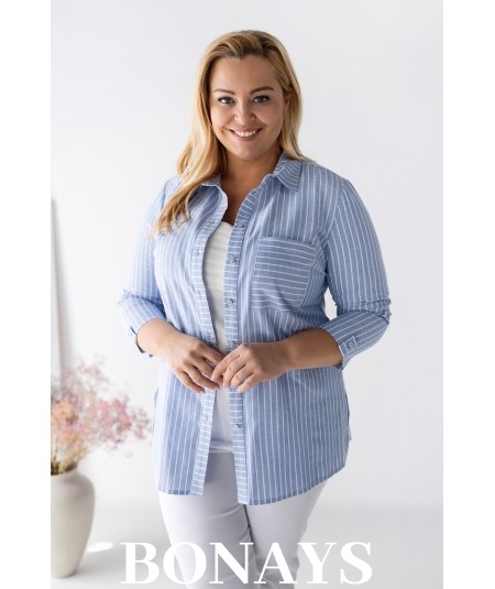 Koszula bawełniana Marine w paski w rozmiarach plus size – wygodna, naturalna, elegancka koszula z rękawem 3/4