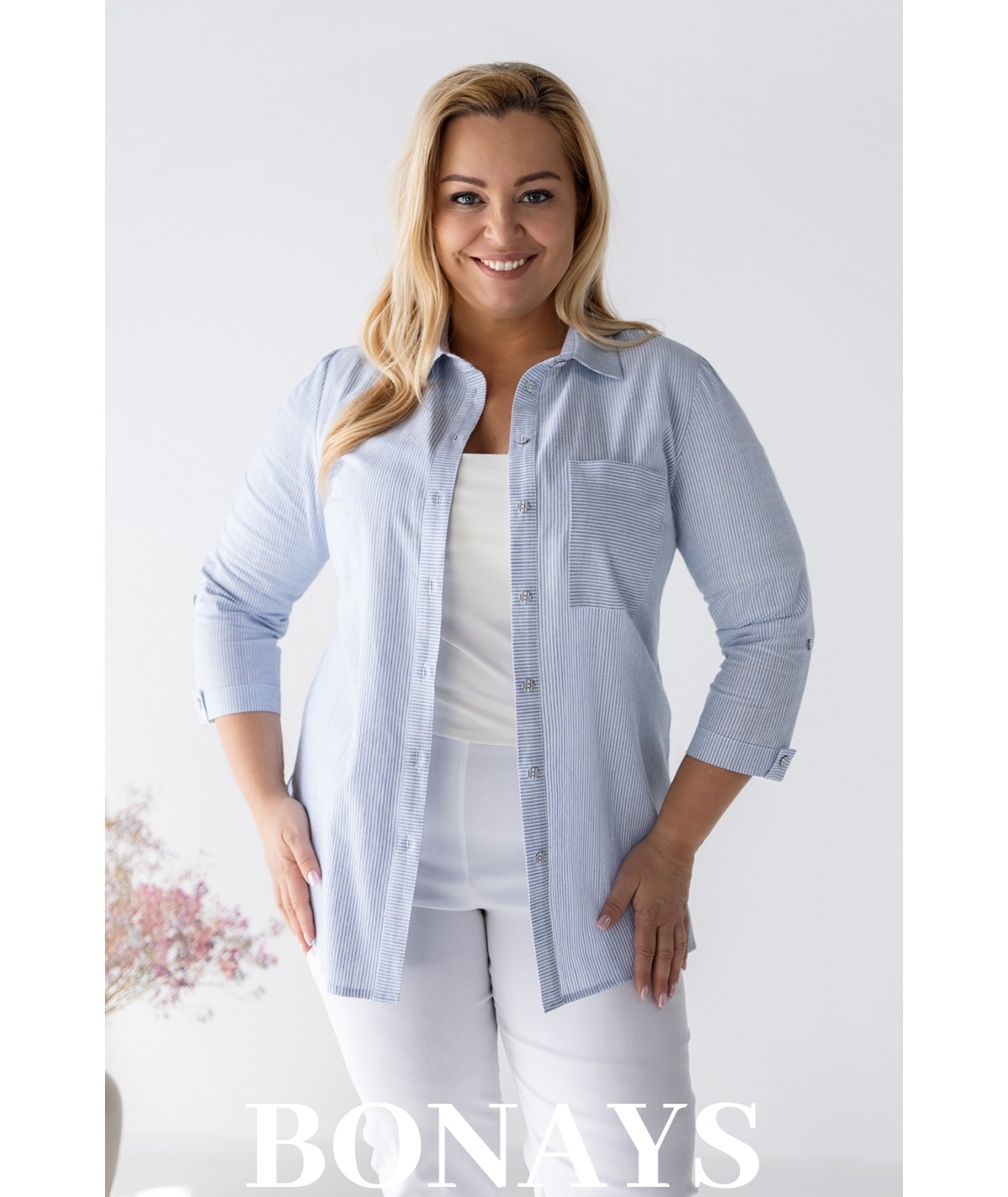 Koszula bawełniana Marine w paski w rozmiarach plus size – wygodna, naturalna, elegancka koszula z rękawem 3/4